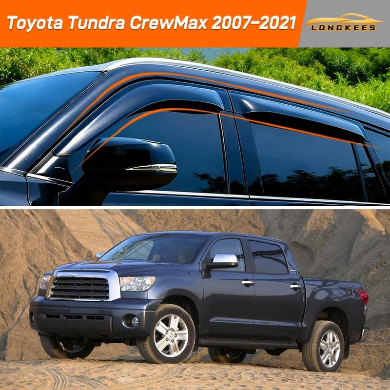LONGKEES Window Visors Rain Guards FIT 2007–2021 Toyota Tundra CrewMax – in-Channel Vent Deflectors 4PC Set All-Weather - Image 2
